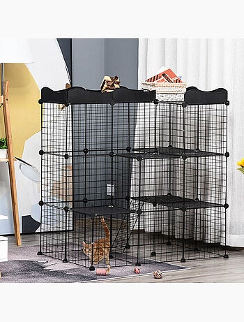 Cage parc enclos chat modulable 3 niveaux 2 portes métal noir