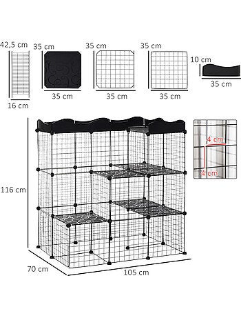 Cage parc enclos chat modulable 3 niveaux 2 portes métal noir
