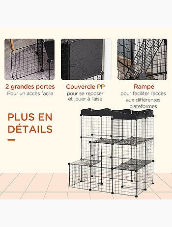 Cage parc enclos chat modulable 3 niveaux 2 portes métal noir