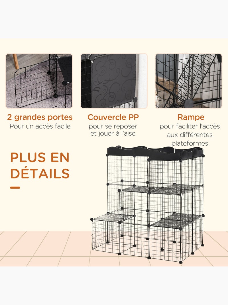 Cage parc enclos chat modulable 3 niveaux 2 portes métal noir Noir - Kiabi