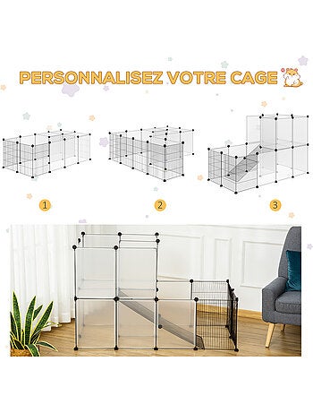 Cage parc enclos modulable rongeurs 2 niveaux métal noir pp transparent