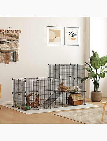 Cage parc enclos modulable rongeurs 2 niveaux métal pp noir