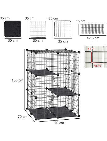 Cage parc enclos modulable rongeurs 3 niveaux métal pp noir