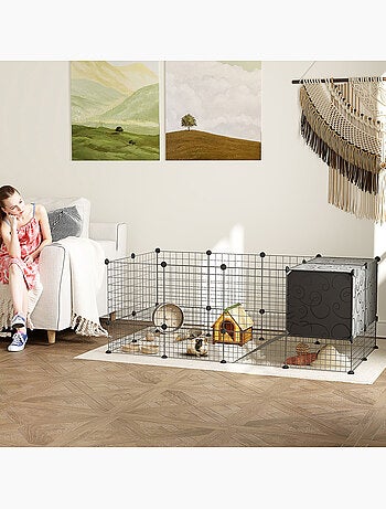 Cage parc enclos modulable rongeurs 31 panneaux acier pp noir