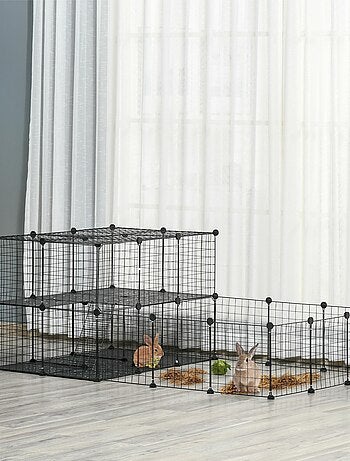 Cage parc enclos rongeurs modulable 2 niv. 2 portes fil métallique noir