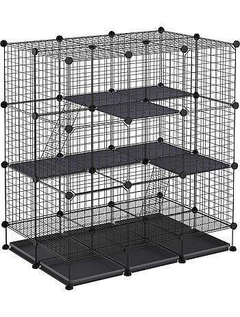 Cage parc enclos rongeurs modulable 3 niv. 4 portes fil métallique noir