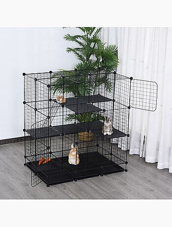 Cage parc enclos rongeurs modulable 3 niv. 4 portes fil métallique noir