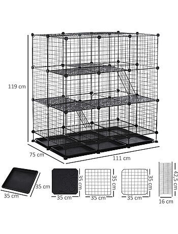 Cage parc enclos rongeurs modulable 3 niv. 4 portes fil métallique noir