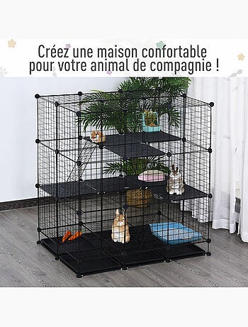 Cage parc enclos rongeurs modulable 3 niv. 4 portes fil métallique noir