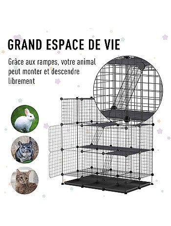 Cage parc enclos rongeurs modulable 3 niv. 4 portes fil métallique noir