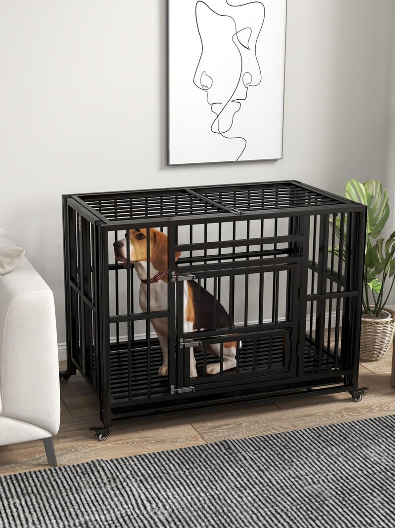 Cage pour chien animaux sur roulettes pliable 3 portes plateau acier noir Noir - Kiabi