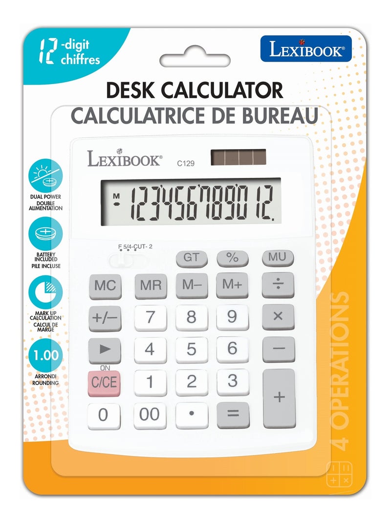 Calculatrice de Bureau 12 Chiffres avec Double Alimentation Blanc - Kiabi
