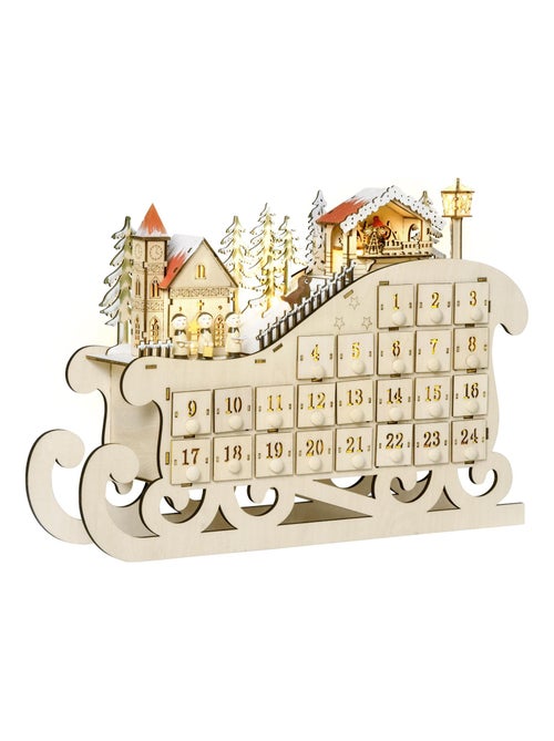 Calendrier de l'Avent LED traineau blanc chaud 24 tiroirs beige - Kiabi