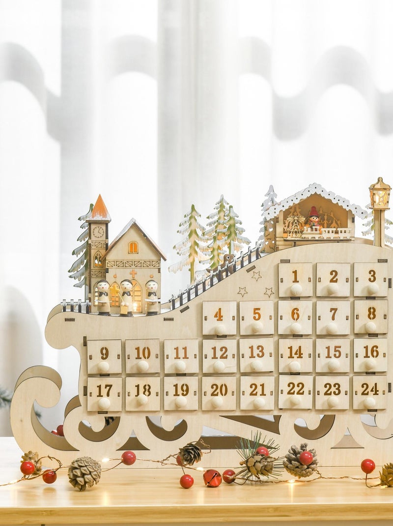 Calendrier de l'Avent LED traineau blanc chaud 24 tiroirs beige Beige - Kiabi