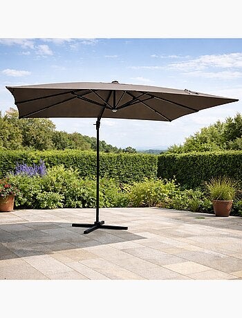 CALVIA Parasol gris droit rectangle 3,95 x 2,95 m rotatif à 360 led