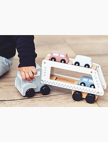 Camion Transporteur de Voitures en Bois Jouet éducatif 4 Vehicules