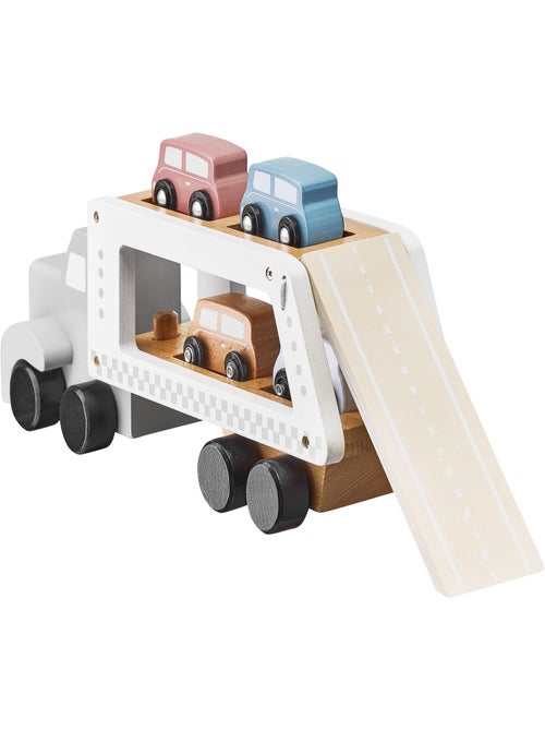 Camion Transporteur de Voitures en Bois Jouet éducatif 4 Vehicules - Kiabi Camion Transporteur de Voitures en Bois Jouet éducatif 4 Vehicules - Kiabi