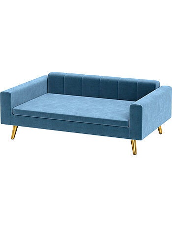 Canapé chien style art déco - coussin - acier doré velours bleu