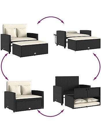 Canapé de jardin avec coussins 2 places noir résine tressée