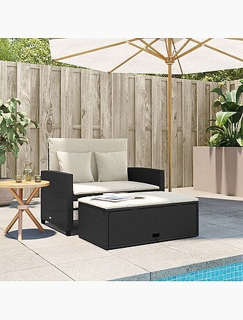 Canapé de jardin avec coussins 2 places noir résine tressée
