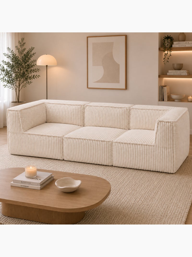 Canapé modulable 3 places déhoussable en velours côtelé 90x262 cm Blanc cassé - Kiabi