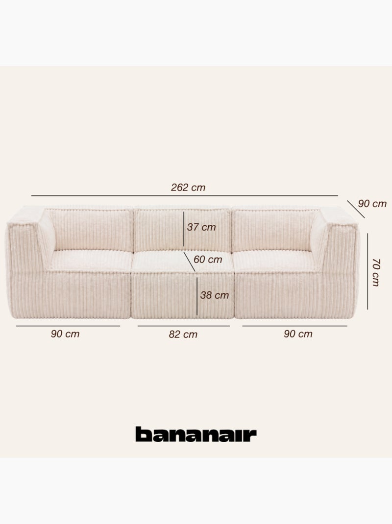 Canapé modulable 3 places déhoussable en velours côtelé 90x262 cm Blanc cassé - Kiabi