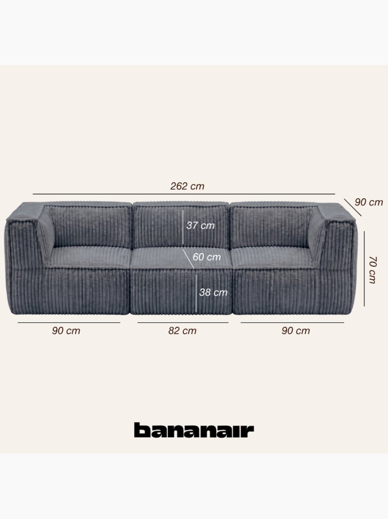Canapé modulable 3 places déhoussable en velours côtelé 90x262 cm Gris foncé - Kiabi