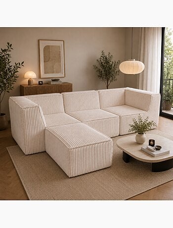 Canapé modulable 3 places déhoussable + méridienne velours côtelé 90x262 cm