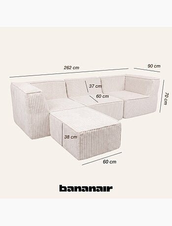 Canapé modulable 3 places déhoussable + méridienne velours côtelé 90x262 cm