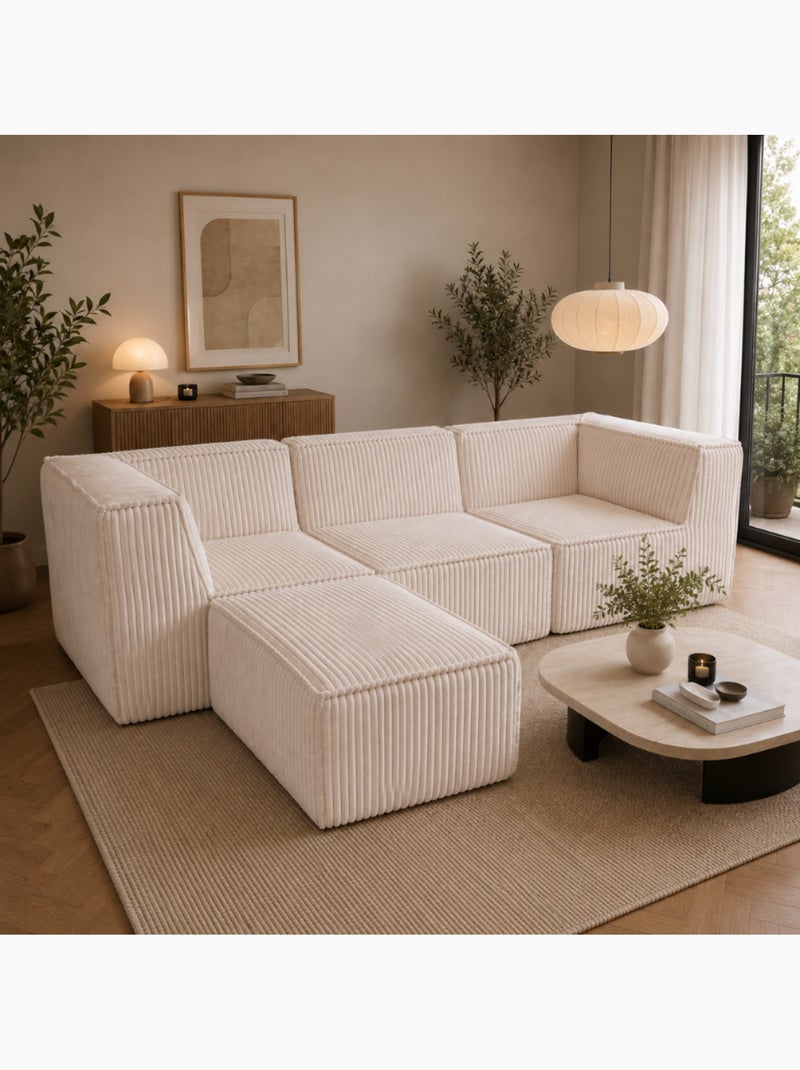Canapé modulable 3 places déhoussable + méridienne velours côtelé 90x262 cm Blanc cassé - Kiabi