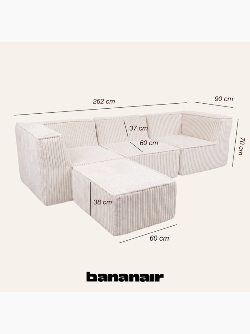 Canapé modulable 3 places déhoussable + méridienne velours côtelé 90x262 cm Blanc cassé - Kiabi