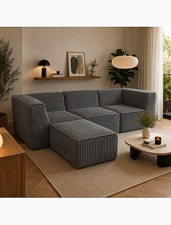 Canapé modulable 3 places déhoussable + méridienne velours côtelé 90x262 cm