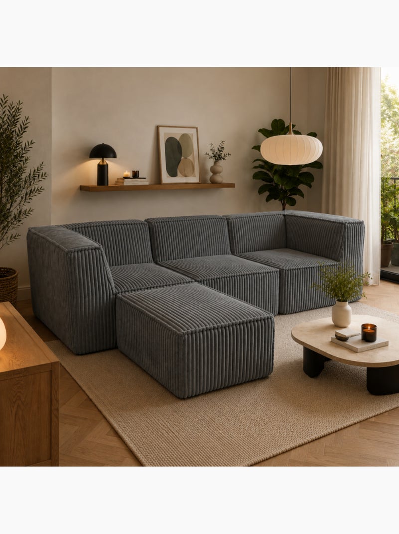 Canapé modulable 3 places déhoussable + méridienne velours côtelé 90x262 cm Gris foncé - Kiabi