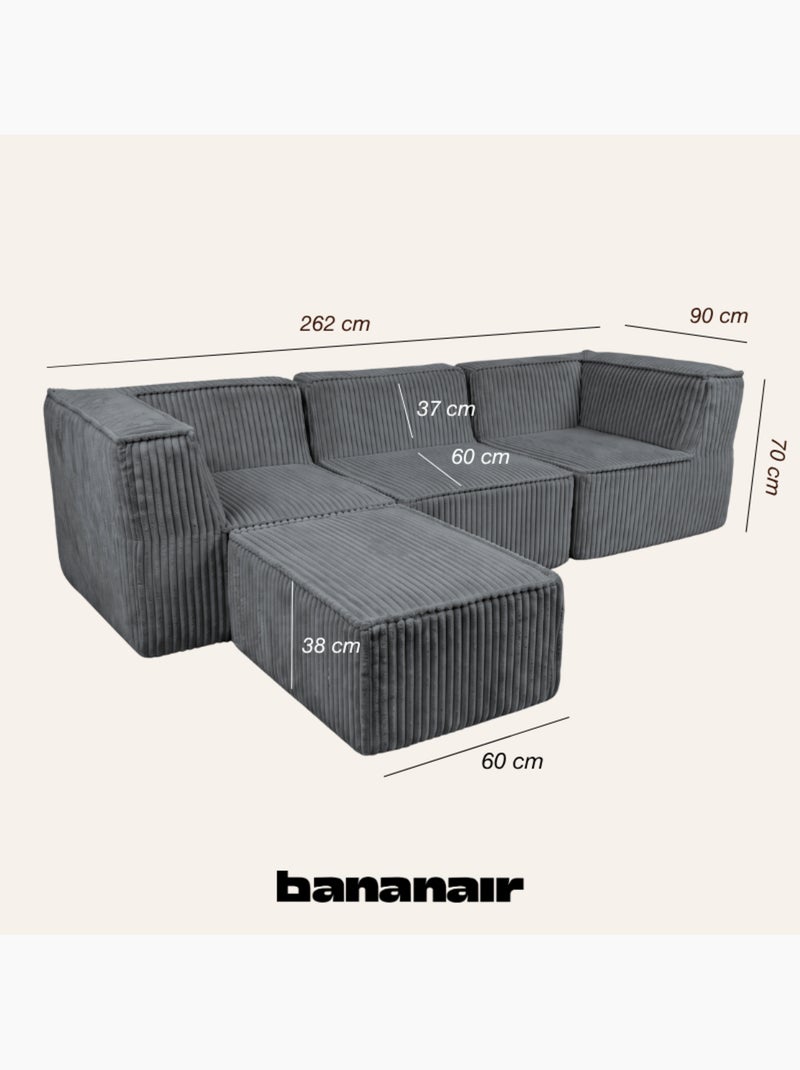 Canapé modulable 3 places déhoussable + méridienne velours côtelé 90x262 cm Gris foncé - Kiabi