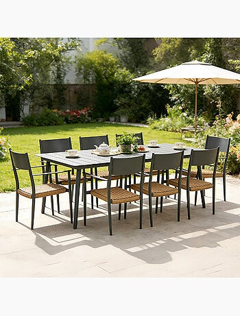 CANBERRA Ensemble table de jardin 200 cm et 8 fauteuils gris foncé effet rotin