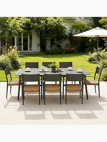 CANBERRA Ensemble table de jardin 200 cm et 8 fauteuils gris foncé effet rotin