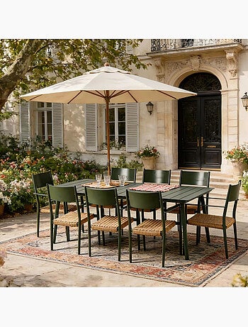 CANBERRA Ensemble table de jardin 200 cm et 8 fauteuils kaki effet rotin
