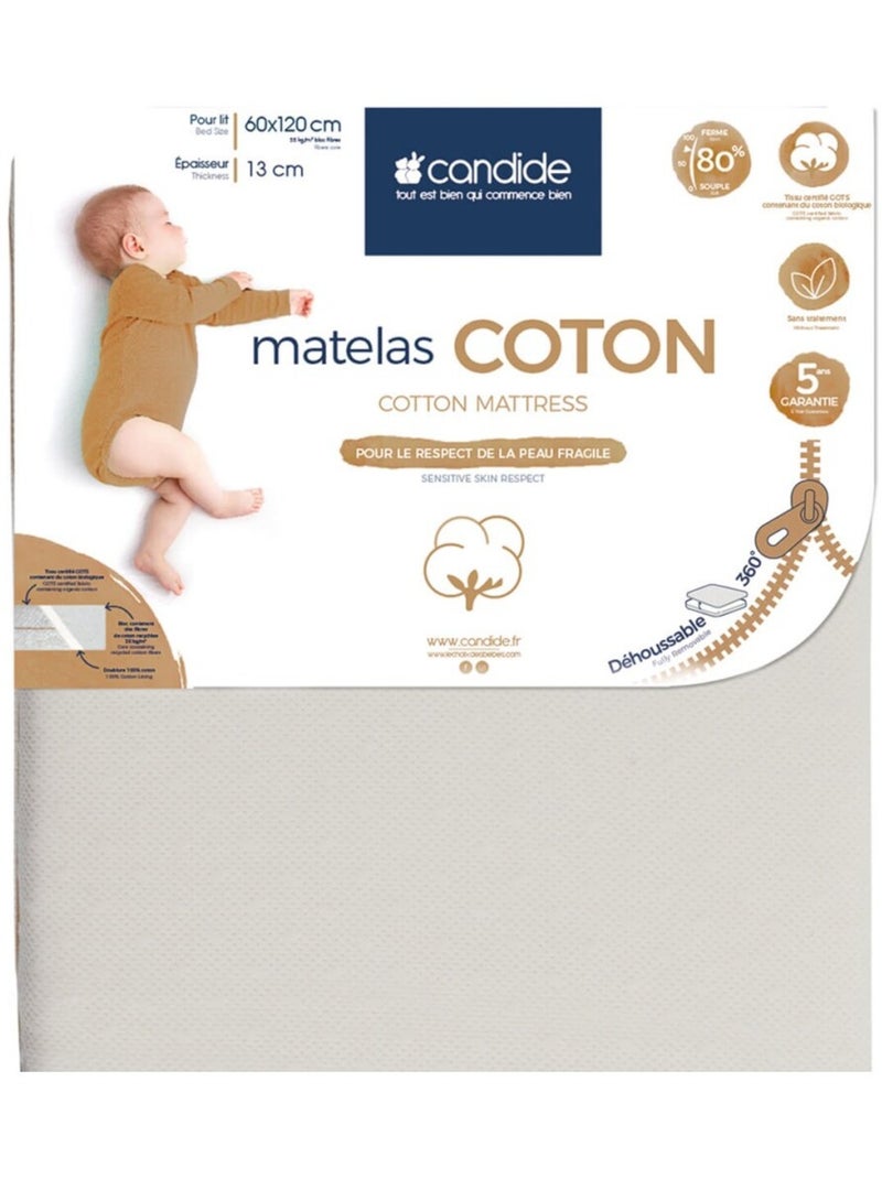 Candide - Matelas bébé 60x120 cm bio Coton - Déhoussable 360° Beige - Kiabi