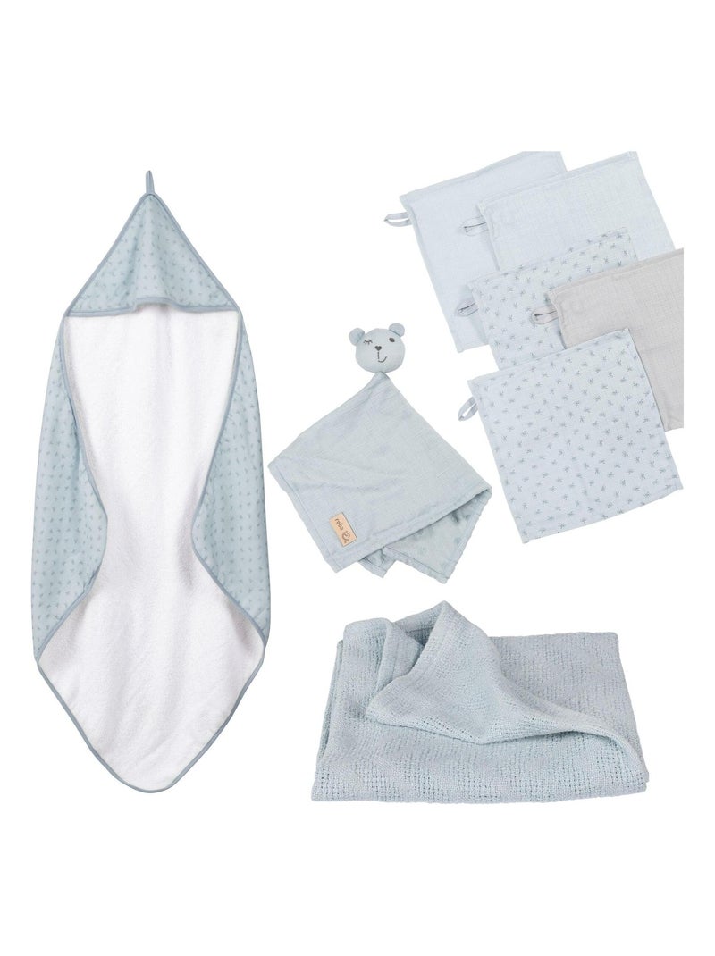 Cape de bain bébé + 5 gants de toilette + serviette et doudou en coton Bio 'Roba lil planet' Bleu - Kiabi