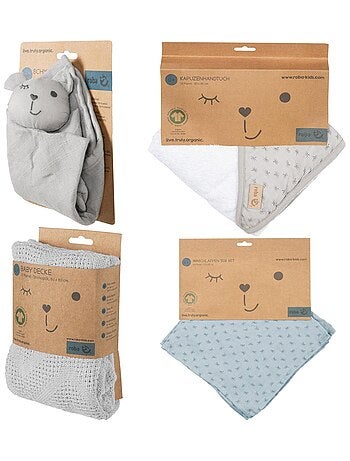 Cape de bain bébé + 5 gants de toilette + serviette et doudou en coton Bio 'Roba lil planet'
