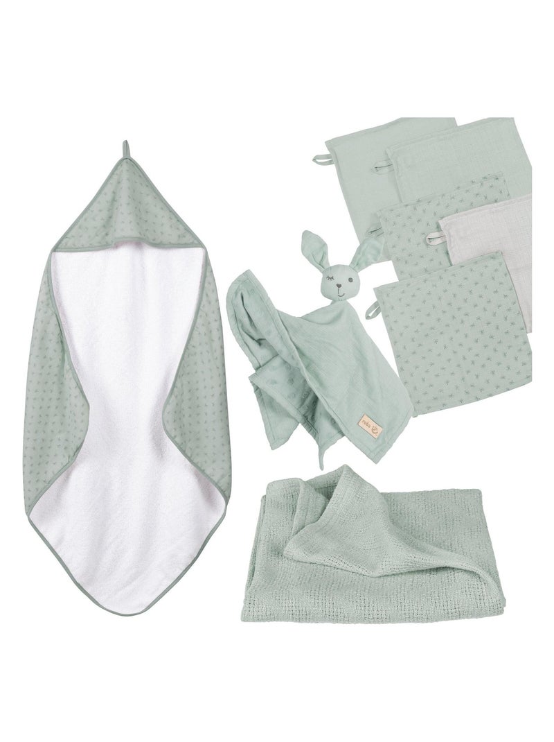Cape de bain bébé + 5 gants de toilette + serviette et doudou en coton Bio 'Roba lil planet' Vert - Kiabi