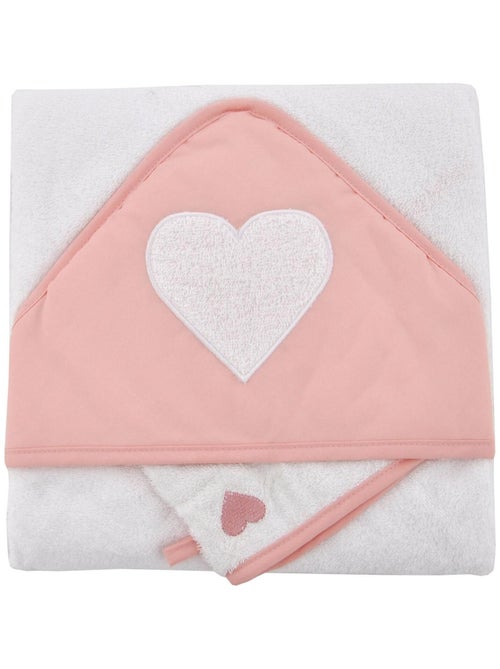 Cape de bain brodée et gant coeur corail - Kiabi