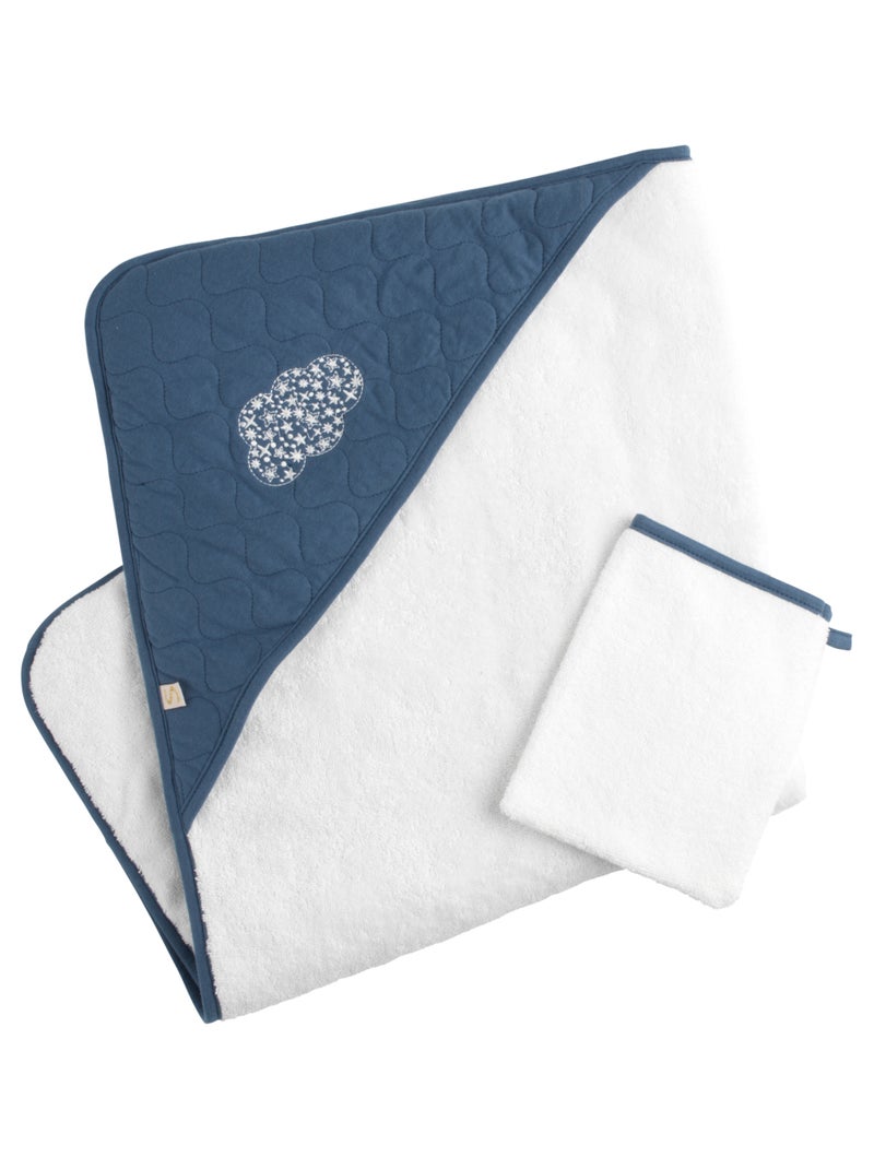 Cape de bain et gant en coton matelassé et éponge - Blanc Bleu - Kiabi