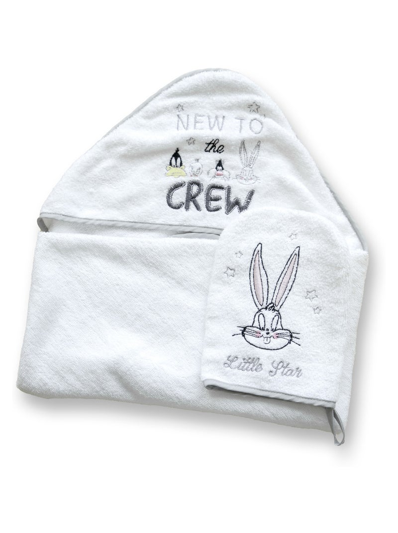 Cape de bain + Gant Brodés - LOONEY TUNES - Serviette éponge - 100% coton - Bébé & Enfant Blanc - Kiabi