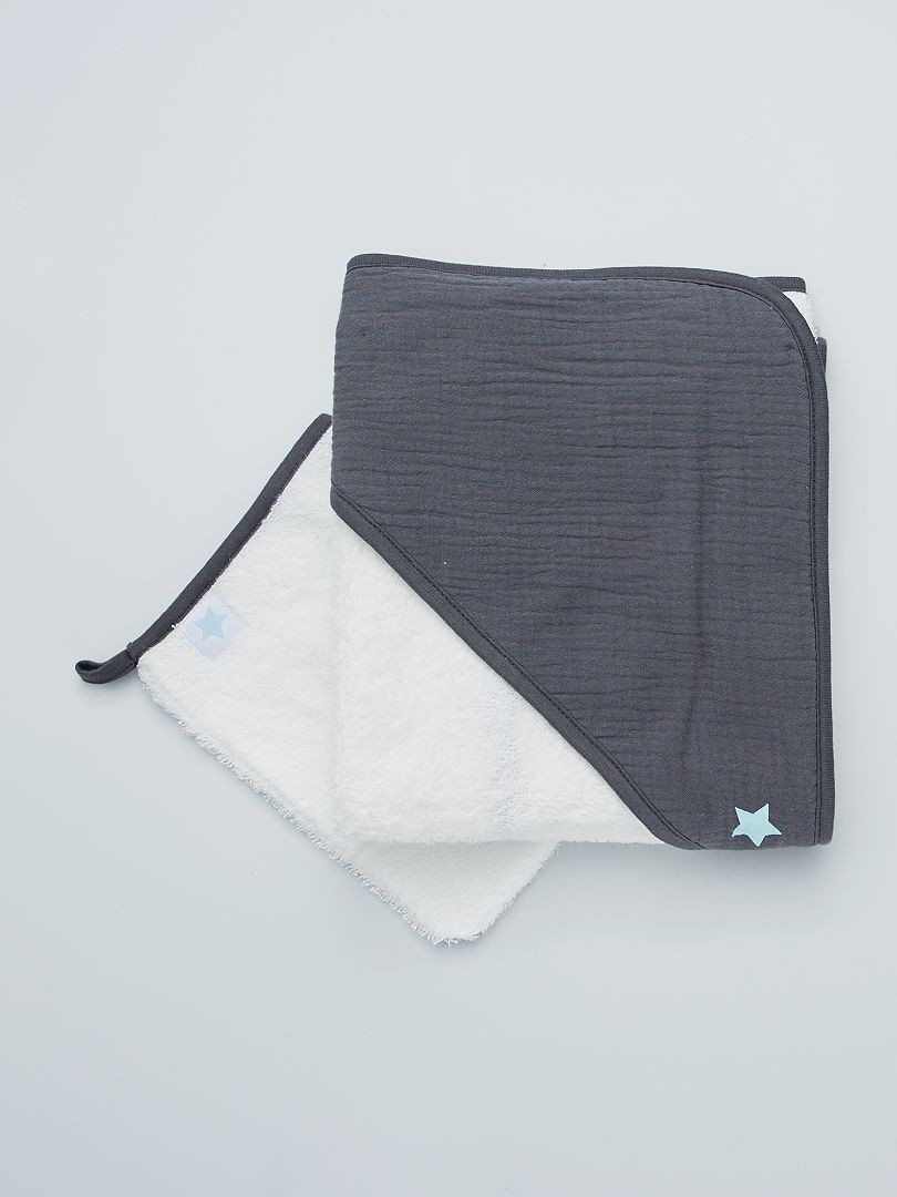 Cape de bain + gant de toilette gris/bleu - Kiabi
