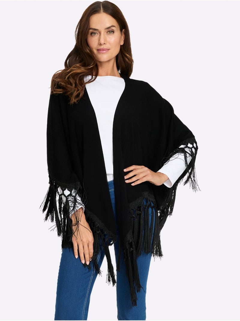 Cape en tricot bordure à franges - taille standard - helline Noir - Kiabi