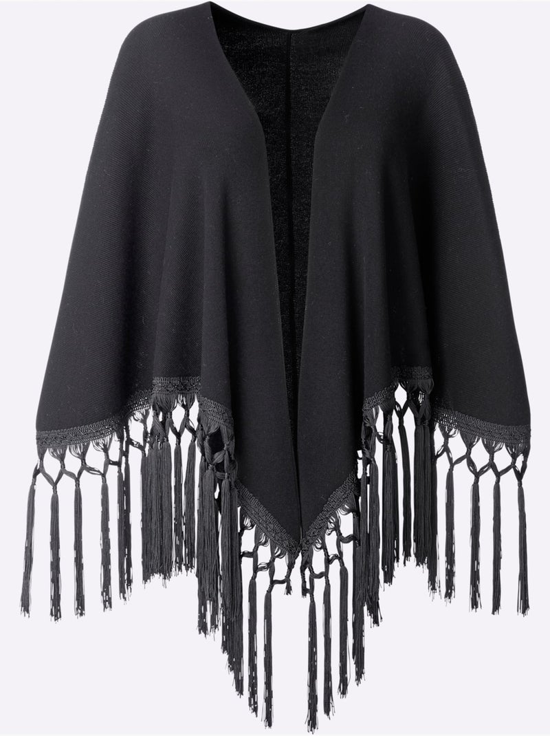 Cape en tricot bordure à franges - taille standard - helline Noir - Kiabi