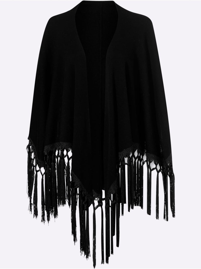 Cape en tricot bordure à franges - taille standard - helline Noir - Kiabi