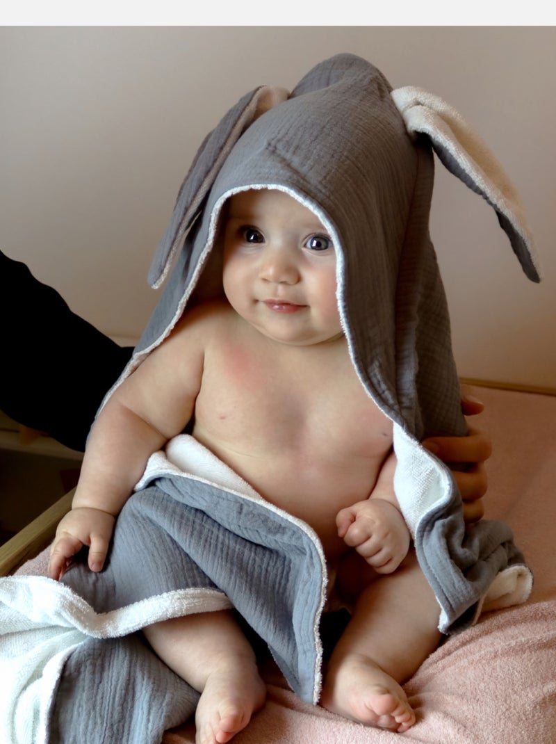 Cape, sortie de bain intérieur 100 % coton - Lapin - Monsieur Bébé Gris - Kiabi