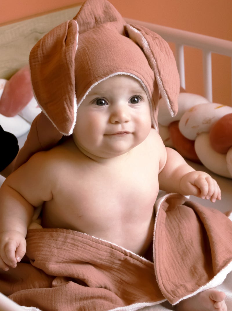 Cape, sortie de bain pour bébé intérieur 100 % coton - 100 x 100 cm - Lapin - Monsieur Bébé Vieux rose - Kiabi